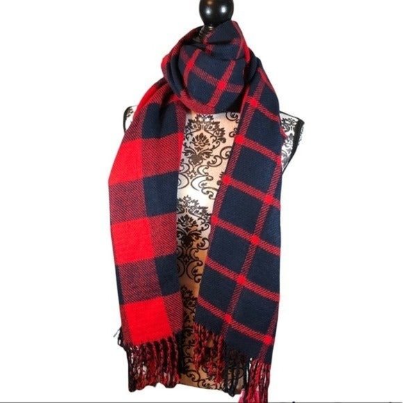 Topshop Scarf Red Blue Gingham Buffalo Check Plaid Oversized Fringe Wrap - Picture 1 of 4